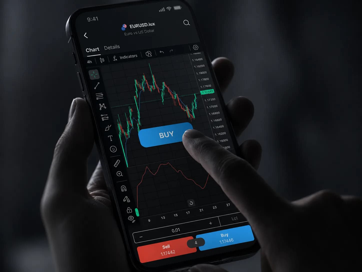Trader placing a EURUSD order in the IUX app